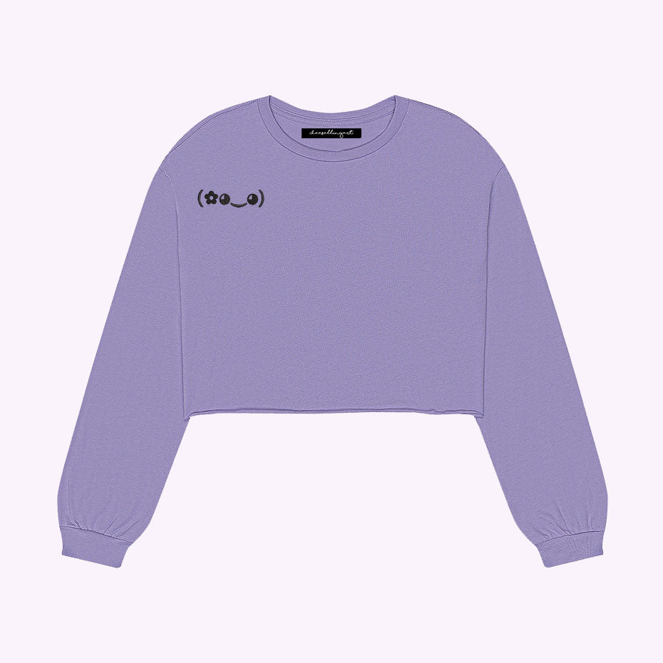 Japanese Flower Kaomoji Embroidered Cropped Long Sleeve Tee