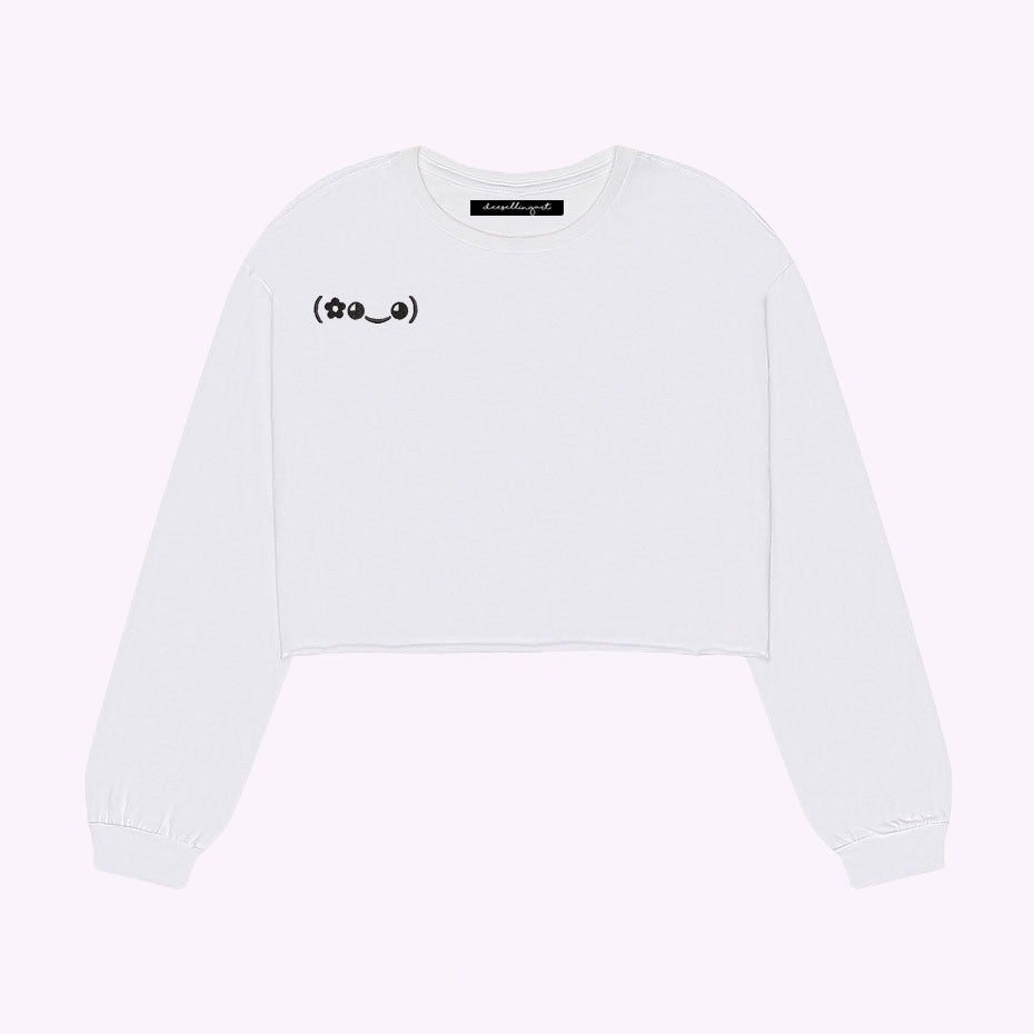 Japanese Flower Kaomoji Embroidered Cropped Long Sleeve Tee