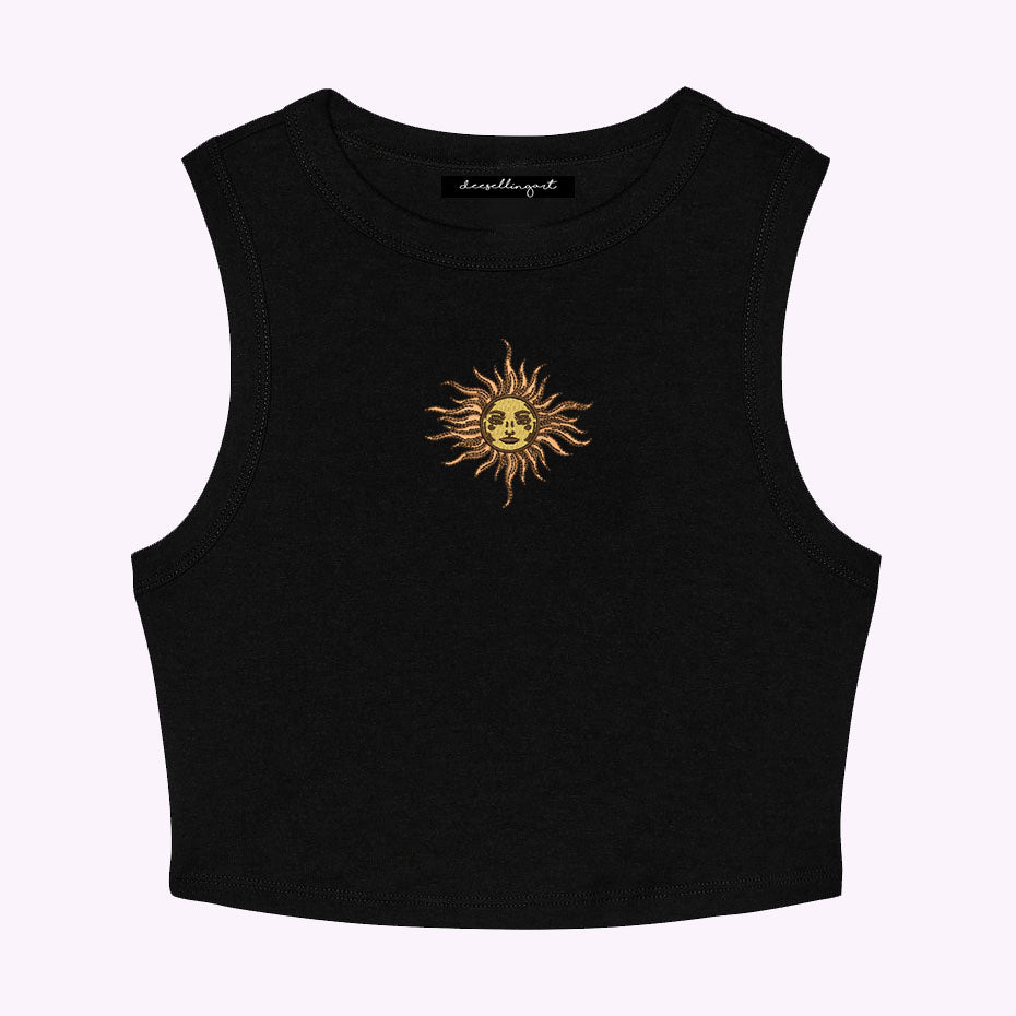 Smiling Sun Embroidered Cropped Muscle Tank